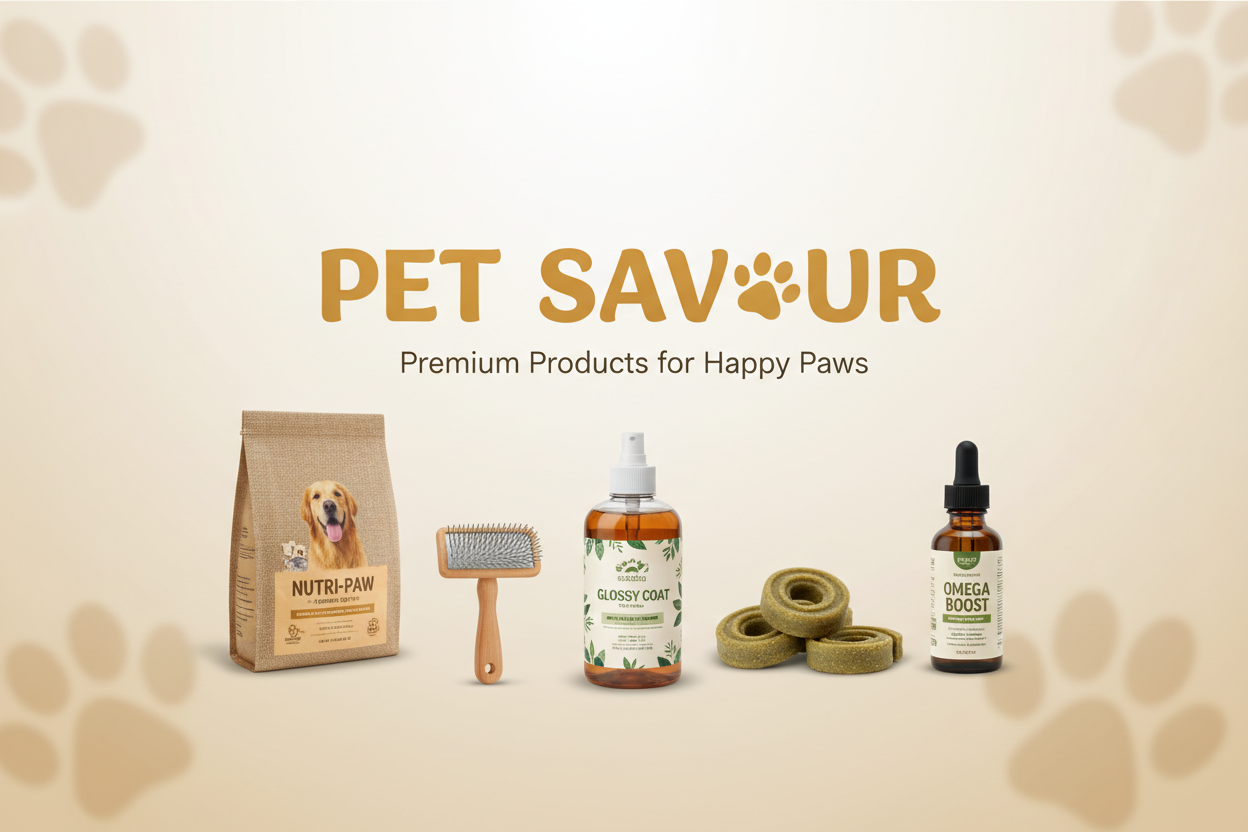 generate the pet savour banner with dogs categeri products  food and brush and dental chews and shampoo oill  that its